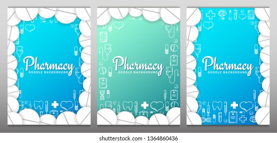 Set of Pharmacy and Medical banners with doodle background. Pills, Vitamin tablets, medical drug. Vector Illustration