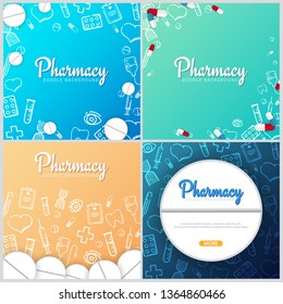 Set of Pharmacy and Medical banners with doodle background. Pills, Vitamin tablets, medical drug. Vector Illustration