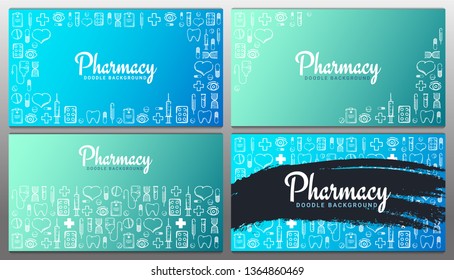 Set of Pharmacy and Medical banners with doodle background. Pills, Vitamin tablets, medical drug. Vector Illustration