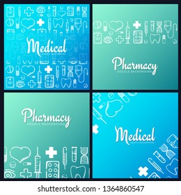 Set of Pharmacy and Medical banners with doodle background. Pills, Vitamin tablets, medical drug. Vector Illustration