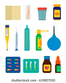 Set of pharmacy and medical items isolated on white background. Vector illustration