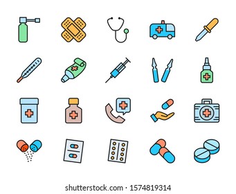 Set of Pharmacy and Medications Flat Color Icons. Medicinal Throat Spray, Adhesive Plaster, Stethoscope, Ambulance Car, Thermometer, Medical Pills and more.