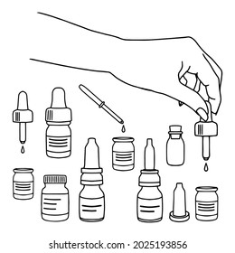 A set of pharmacy medicine bottles with a dropper in the style of doodles in vector format, suitable for use on the Internet, printing or advertising.