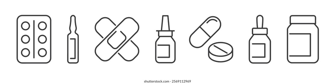 set of pharmacy and medicine line icons