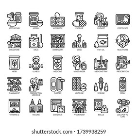 Set of pharmacy thin line and pixel perfect icons for any web and app project. 