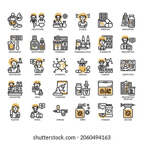 Set von Pharmacy Dünne Linie und Pixel perfekte Symbole für jedes Web- und App-Projekt. 