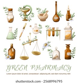 Set pharmacy vintage items. Freehand drawing. Isolate on a white background. Vector