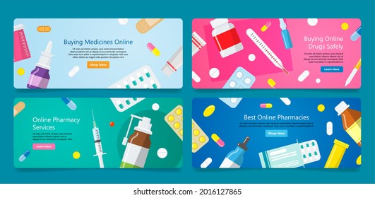 Set pharmacy web banner with place for text vector flat illustration. Collection landing page with drug, pill, first aid, syringe, plaster. Healthcare and disease treatment online store user interface