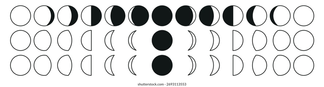 Conjunto das fases da Lua. O ciclo inteiro da lua nova à lua cheia. Lua Cheia, Lua Nova, Crescente Minguante, Primeiro e Último Trimestre.