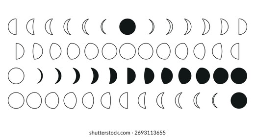 Conjunto das fases da Lua. O ciclo inteiro da lua nova à lua cheia. Lua Nova, Lua Cheia, Crescente Minguante, Primeiro e Último Trimestre