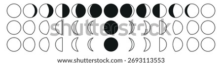 Set of the phases of the Moon. The entire cycle from new moon to full moon. New, Full Moon, Waning Crescent, First and Last Quarter.