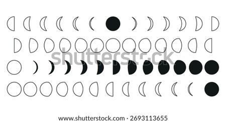 Set of the phases of the Moon. The entire cycle from new moon to full moon. New, Full Moon, Waning Crescent, First and Last Quarter