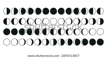 Set of the phases of the Moon. The entire cycle from new moon to full moon. New, Full Moon, Waning Crescent, First and Last Quarter