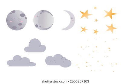 Set of phases of moons, stars and clouds on white background. Night sky. Vector illustration of starry sky with different moon shapes in pastel colors in cartoon style.