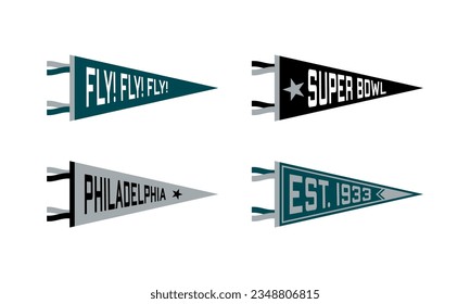 Set of Philadelphia football team pennants. Vintage hand drawn wanderlust style. Isolated on white background. Good for t shirt, mug, other identity. Vector illustration.