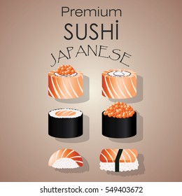 Set of philadelphia sushi, ikura flat food and japanese seafood. Roll with salmon. Asia restaurant delicious