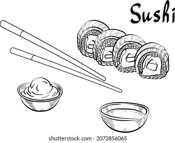 Set of philadelphia sushi rolls, asisn, sea food, vector hand drawn illustration and lettering isolated on bright background. Concept for menu, cards, print