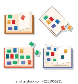 set of philately album. stamp collecting vector illustration