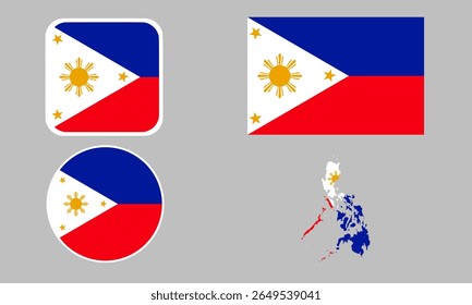 A set of Philippine flag icons. A set of flags in square, rectangular, round and map shapes. Flag icons.