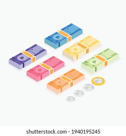 Set of Philippine peso banknotes and coins in isometric design