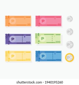 Set of Philippine peso banknotes and coins in flat design