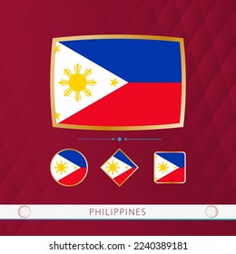 Set of Philippines flags with gold frame for use at sporting events on a burgundy abstract background. Vector collection of flags.