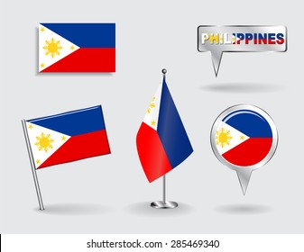 Set of Philippines pin, icon and map pointer flags. Vector illustration.