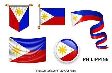 Set of Philippines waving flag on isolated background vector illustration