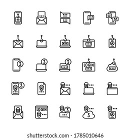 Set Of Phising, Hook Data Thief Outline Style Icon - Vector