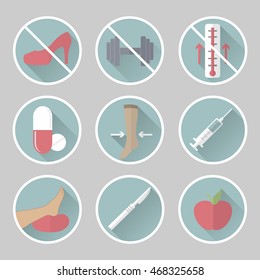 A set of phlebology flat vector icons. Varicose veins.