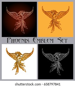 Set of phoenix bird emblem. Design elements for prints, badges, labels and stickers. Vector illustration. 