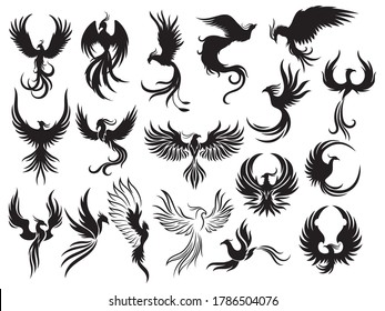 Set of Phoenix bird silhouettes. Collection of firebirds in various styles. Stylized logo. Fantastic animals. Ornithology. Vector illustration isolated on white background.