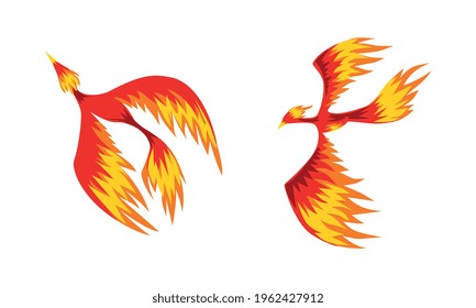 Set of Phoenix Firebirds, Mythical Fairy Tale Bird Vector Illustration on White Background
