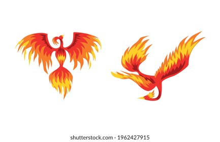 Set of Phoenix Firebirds, Mythical Fairy Tale Bird, Creature of Slavic Folklore Vector Illustration