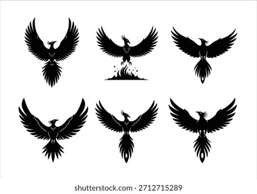 conjunto de silhuetas de fênix isoladas sobre fundo branco