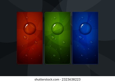 Set of phone back covers, colored covers with water drops, red and green and blue abstract background