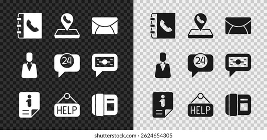 Definir Catálogo telefônico, Localização do call center, Correio e e-mail, Informações, Placa com texto Ajuda, Telefone, Funcionário e ícone de suporte 24 horas. Vetor