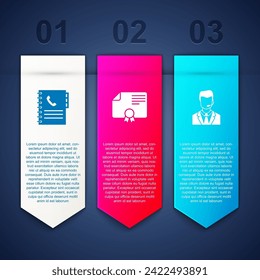 Set Phone book, Certificate template and Man with headset. Business infographic template. Vector