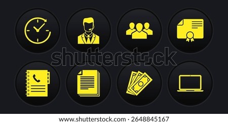 Set Phone book, Certificate template, Document, Stacks paper money cash, Users group and Man with headset icon. Vector