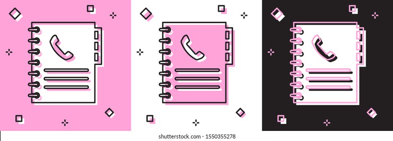 Set Phone book icon isolated on pink and white, black background. Address book. Telephone directory.  Vector Illustration