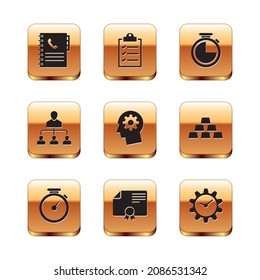Set Phone book, Stopwatch, plantilla de certificado, cabeza humana con equipo dentro, marketing de referencia e icono. Vector