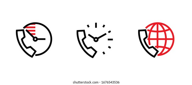 Set of Phone call icons. Editable line vector. Stylized vintage telephone receiver, clock dial, globe with parallels and red meridians. Single pictogram.