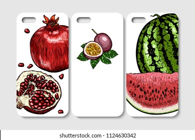 Set of phone case design. Abstract fruits and berries background. Vector illustration.