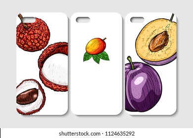 Set of phone case design. Abstract fruits and berries background. Vector illustration.