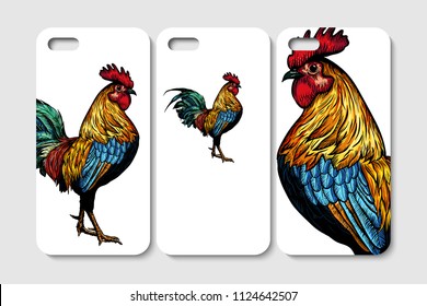 Set of phone case design. Abstract rooster backgrounds. Vector illustration.