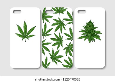 Set Of Phone Case Design. Abstract Cannabis Backgrounds. Marijuana Symbols. Vector Illustration.