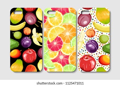 Set of phone case design. Abstract fruits and berries background. Vector illustration.