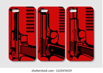 Set of phone case design. Abstract handguns and ammunition backgrounds. Vector illustration.