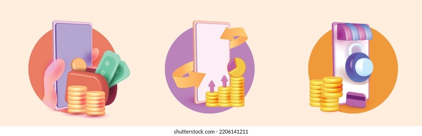 set Phone with cash money Smartphone coins floating  Payment money transfer wallet  Internet banking cartoon minimal 3d vector Saving - Shutterstock ID 2206141211