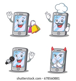 Set of Phone character with shopping chef devil karaoke vector art